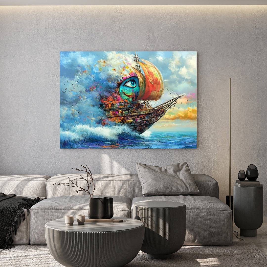Wadi Home surreal sailing ship canvas wall art featuring a vibrant eye design hanging above a modern grey sofa.
