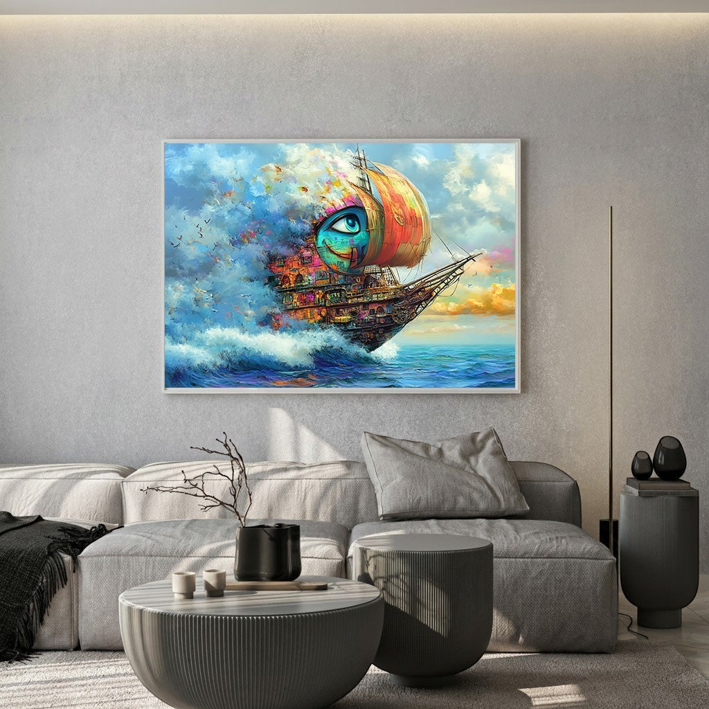 Wadi Home surreal sailing ship canvas wall art featuring a vibrant eye design hanging above a modern grey sofa.
