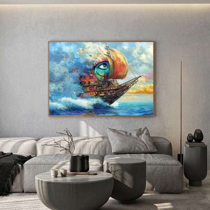 Wadi Home surreal sailing ship canvas print with a vibrant eye design hanging above a modern grey sofa.