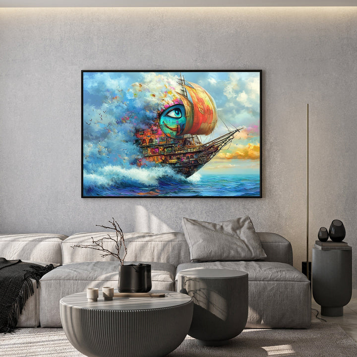 Wadi Home surreal sailing ship canvas print with a giant eye, vibrant clouds, and nautical fantasy art in a living room