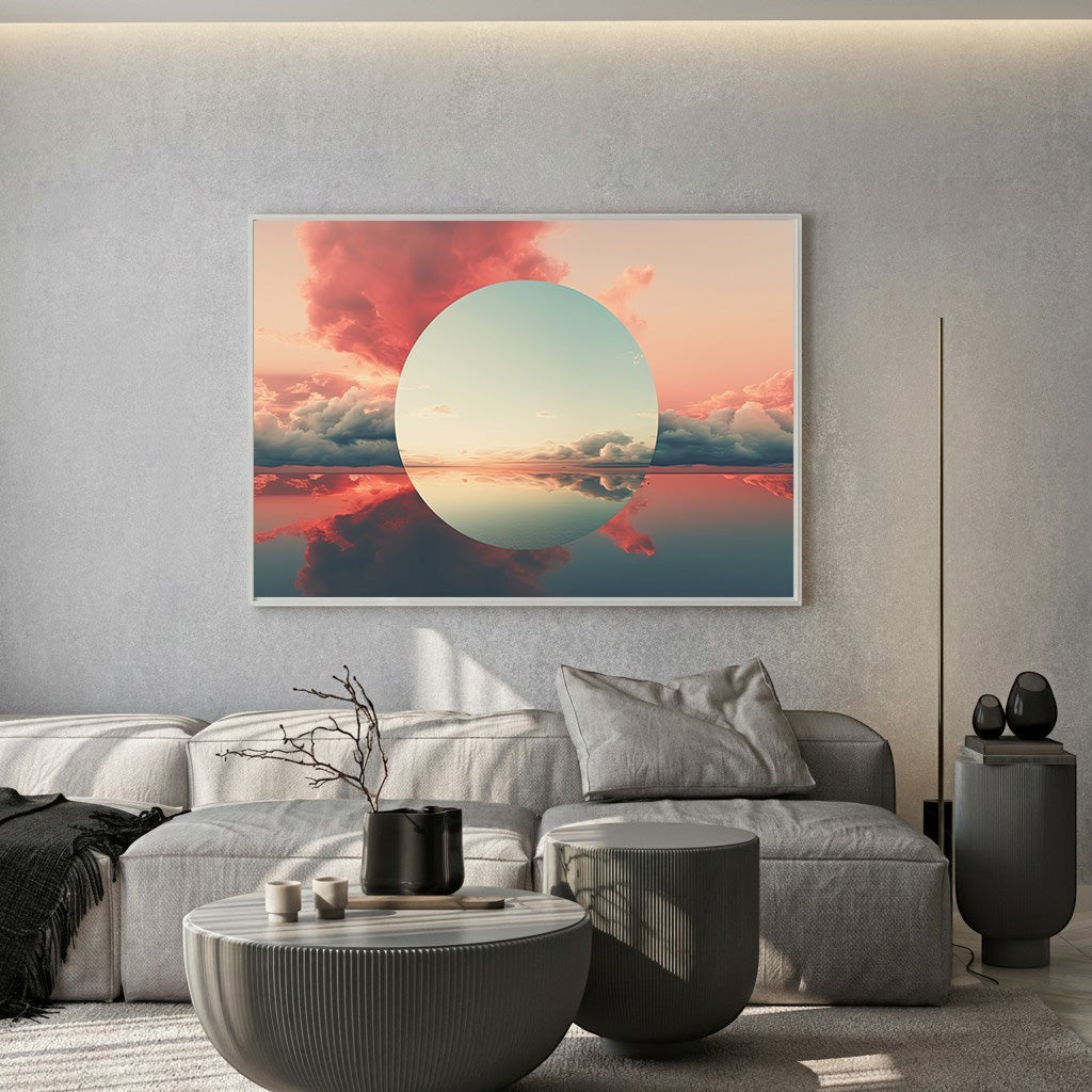 Wadi Home surreal sunset horizon framed wall art featuring a circular sun over a reflective landscape in pink and blue.