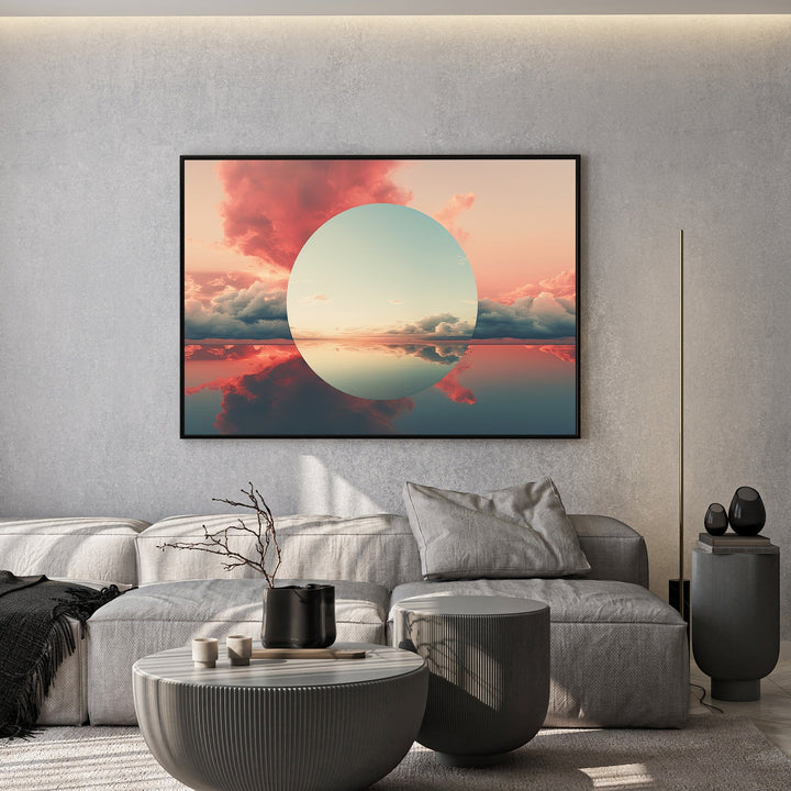 Wadi Home surreal sunset horizon framed wall art in a modern living room with a grey sofa and circular coffee tables.
