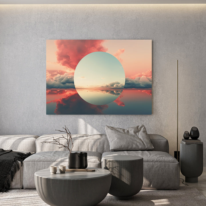 Wadi Home framed surreal sunset wall art with a circular sun over a reflective horizon in pink and blue tones.