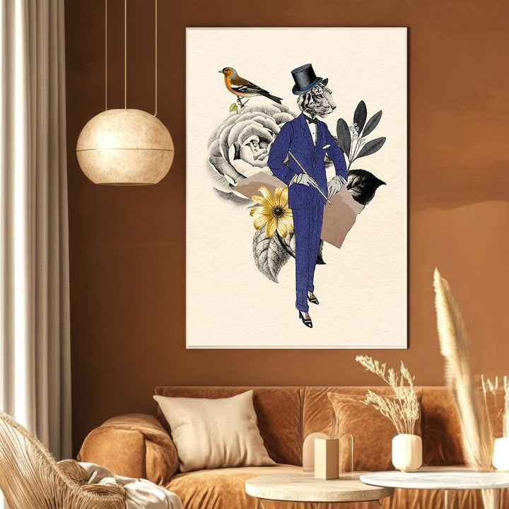 Wadi Home surreal tiger gentleman wall art print featuring a dapper tiger in a blue suit with roses and a songbird.