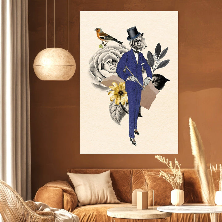 Wadi Home surreal tiger gentleman wall art print featuring a tiger in a blue suit, top hat, roses, and a songbird.