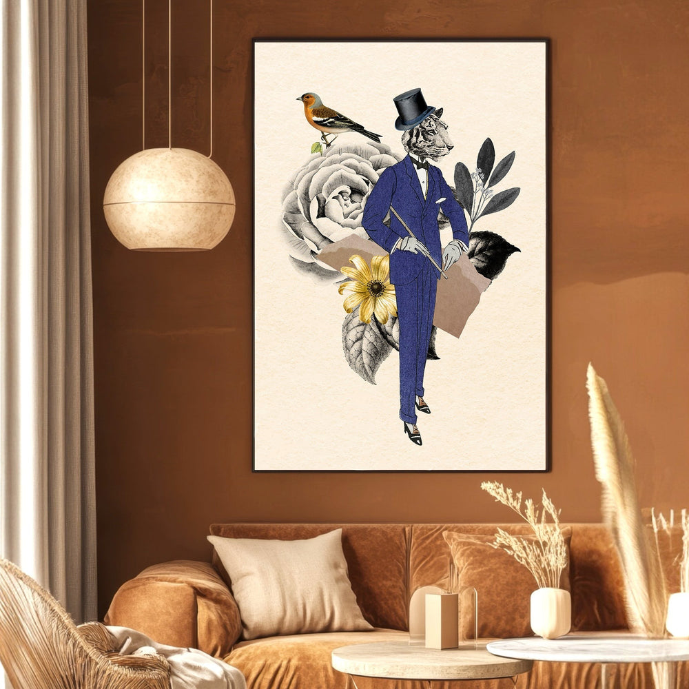 Wadi Home surreal tiger gentleman wall art print featuring a tiger in a blue suit and top hat with floral accents.