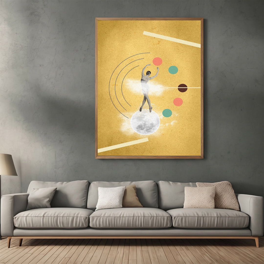 Wadi Home abstract surrealist dancer wall art print featuring a dancer on a moon against a golden yellow background.
