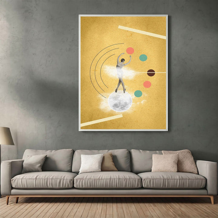 Wadi Home abstract surrealist dancer wall art print featuring a figure on a moon against a golden yellow background.