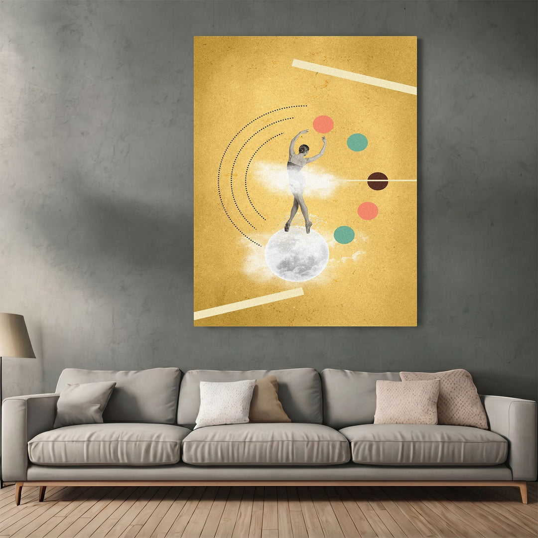 Wadi Home surrealist dancer wall art print featuring a figure on a moon against a golden yellow background.