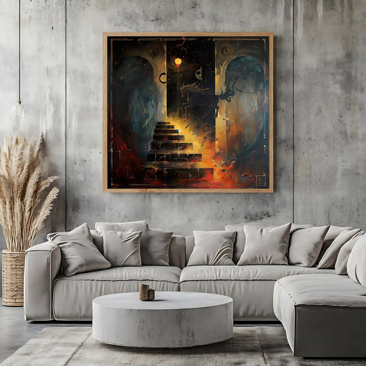 Wadi Home abstract surrealist canvas print featuring a cosmic staircase and glowing highlights in a modern living room
