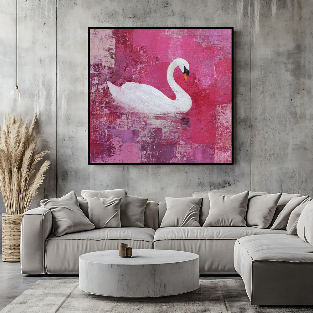 Wadi Home elegant swan canvas wall art featuring a white swan on a textured magenta and berry abstract background.