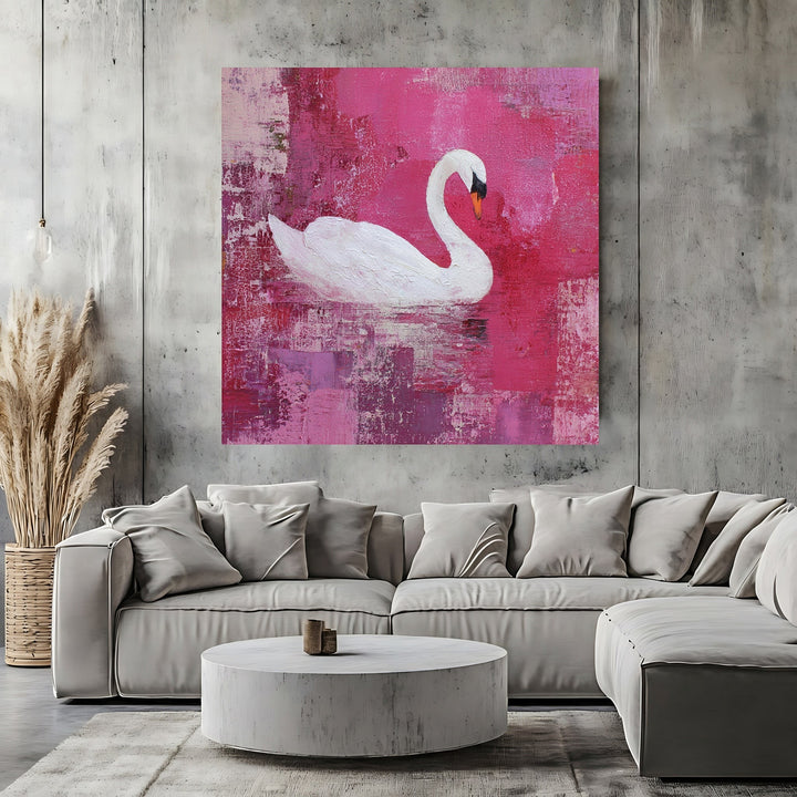 Wadi Home elegant swan canvas wall art featuring a white swan against a textured magenta and berry abstract background.