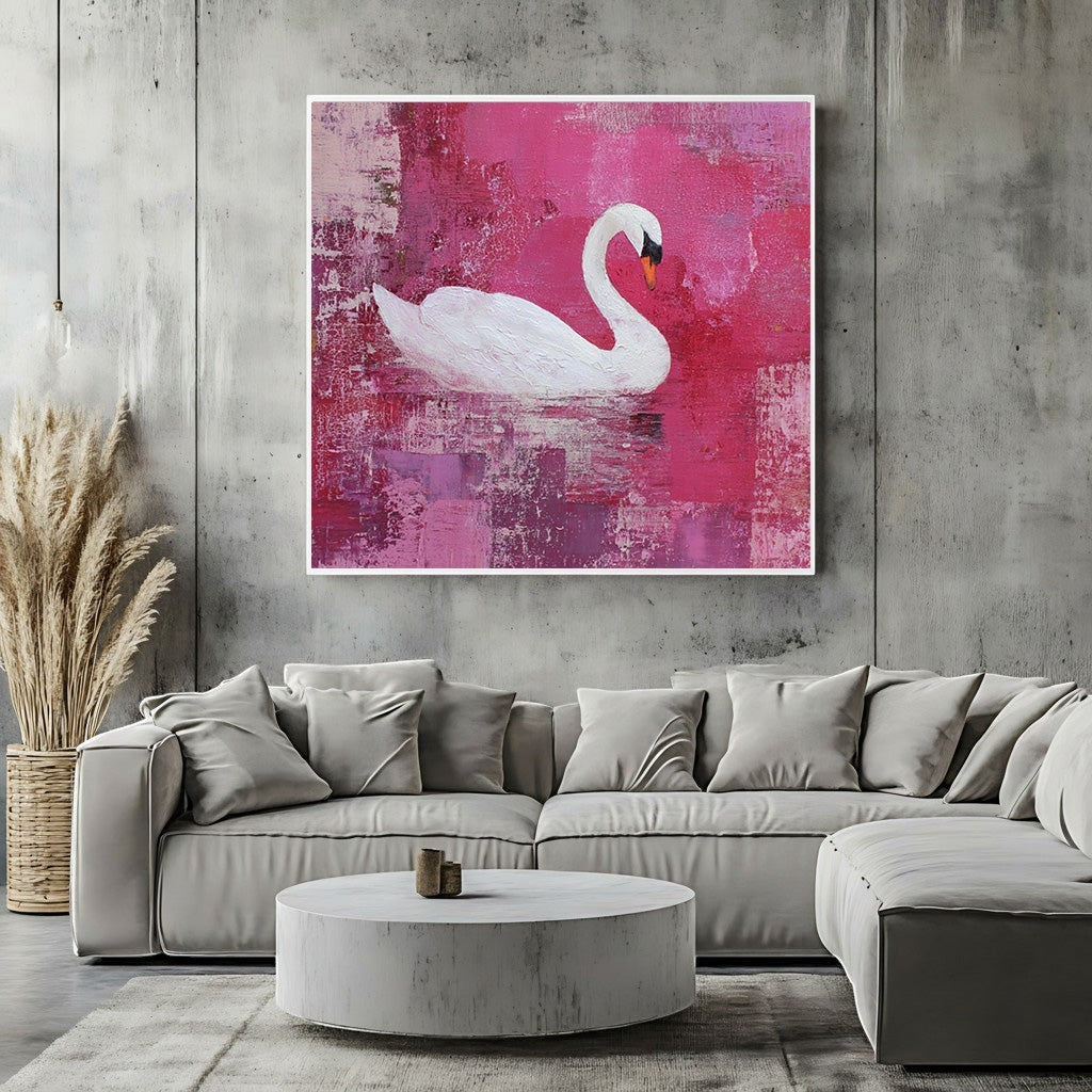 Wadi Home elegant swan canvas wall art featuring a white swan on a textured magenta and berry background in a living room