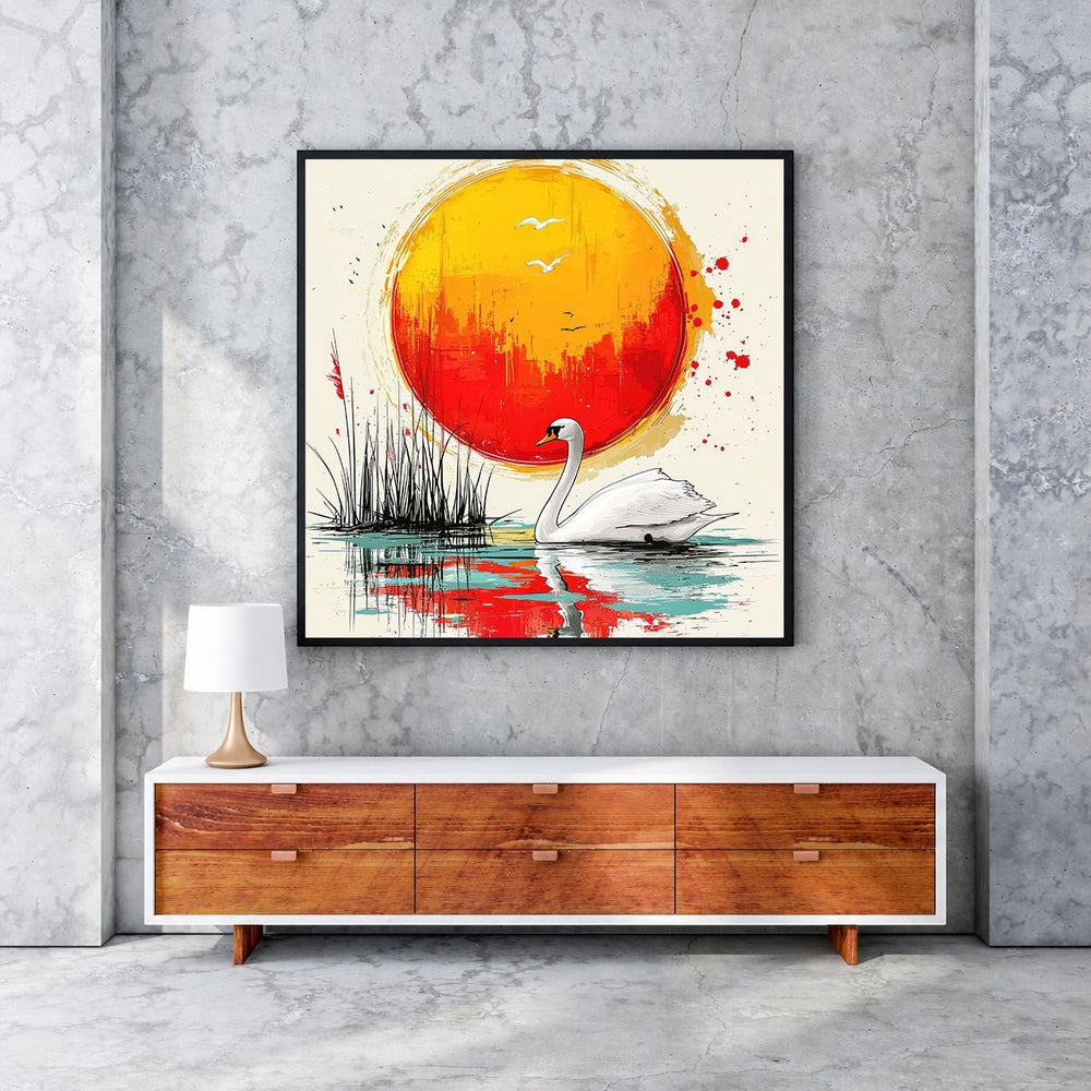 Wadi Home Serene Swan Sunset Wall Art: A white swan glides on water with reeds and a vibrant orange-red sun.