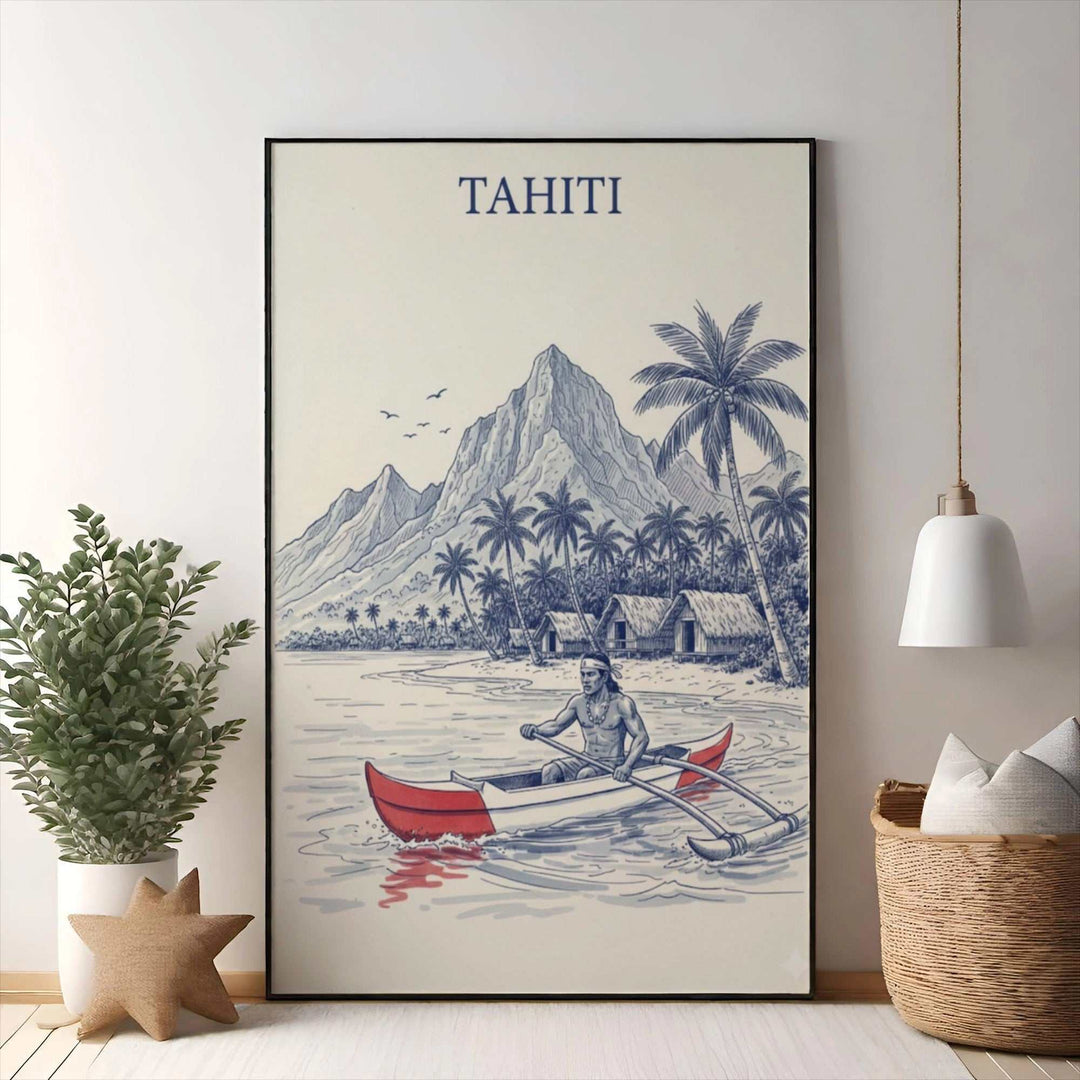 Wadi Home Tahiti travel poster featuring a man in a red and white canoe with mountains and palm trees.