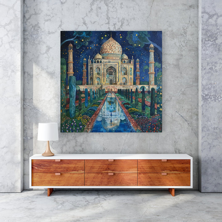 Wadi Home Taj Mahal Night Garden canvas print featuring the monument under a starry sky with lush gardens and reflection pool.