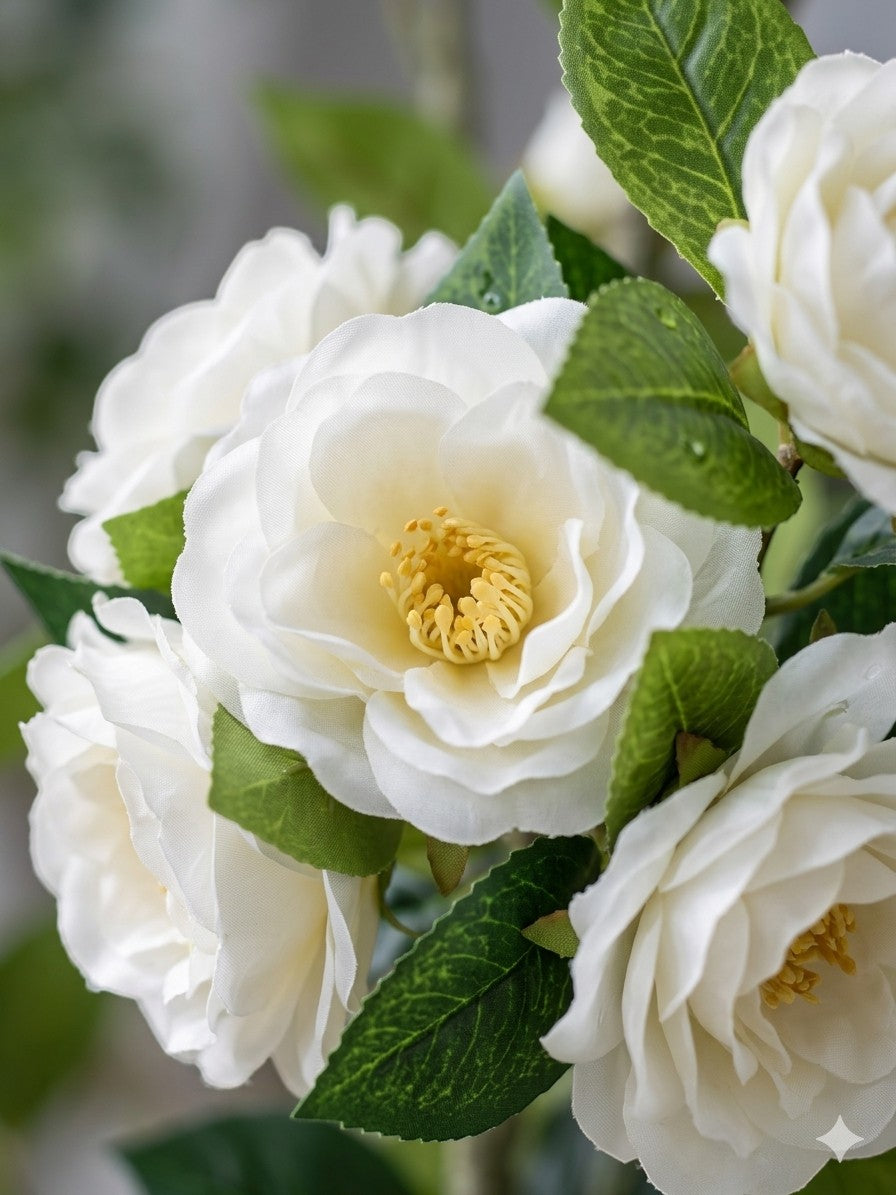 Wadi Home Tall Faux Camellia Tree with white blooms and green leaves in a woven planter.