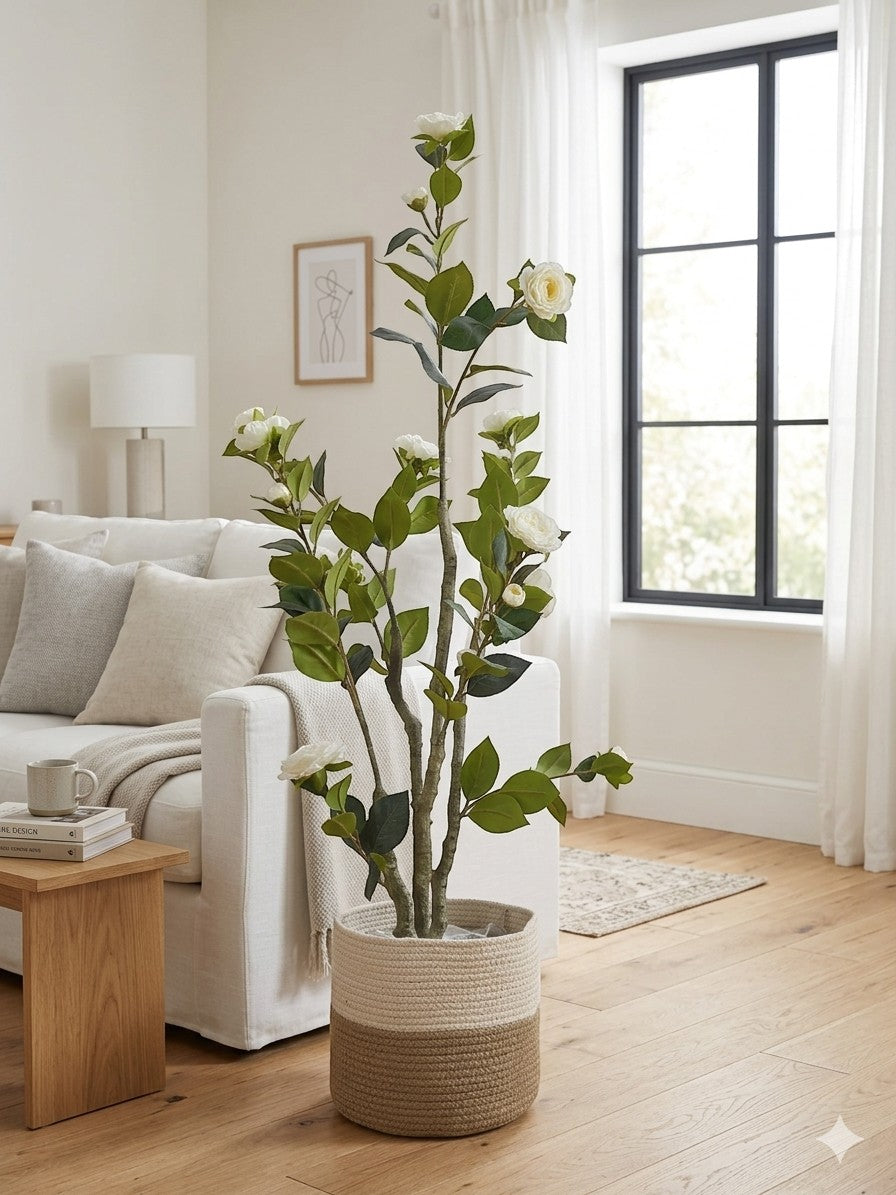 Wadi Home Tall Faux Camellia Tree with white blooms and green leaves in a two-toned woven planter.