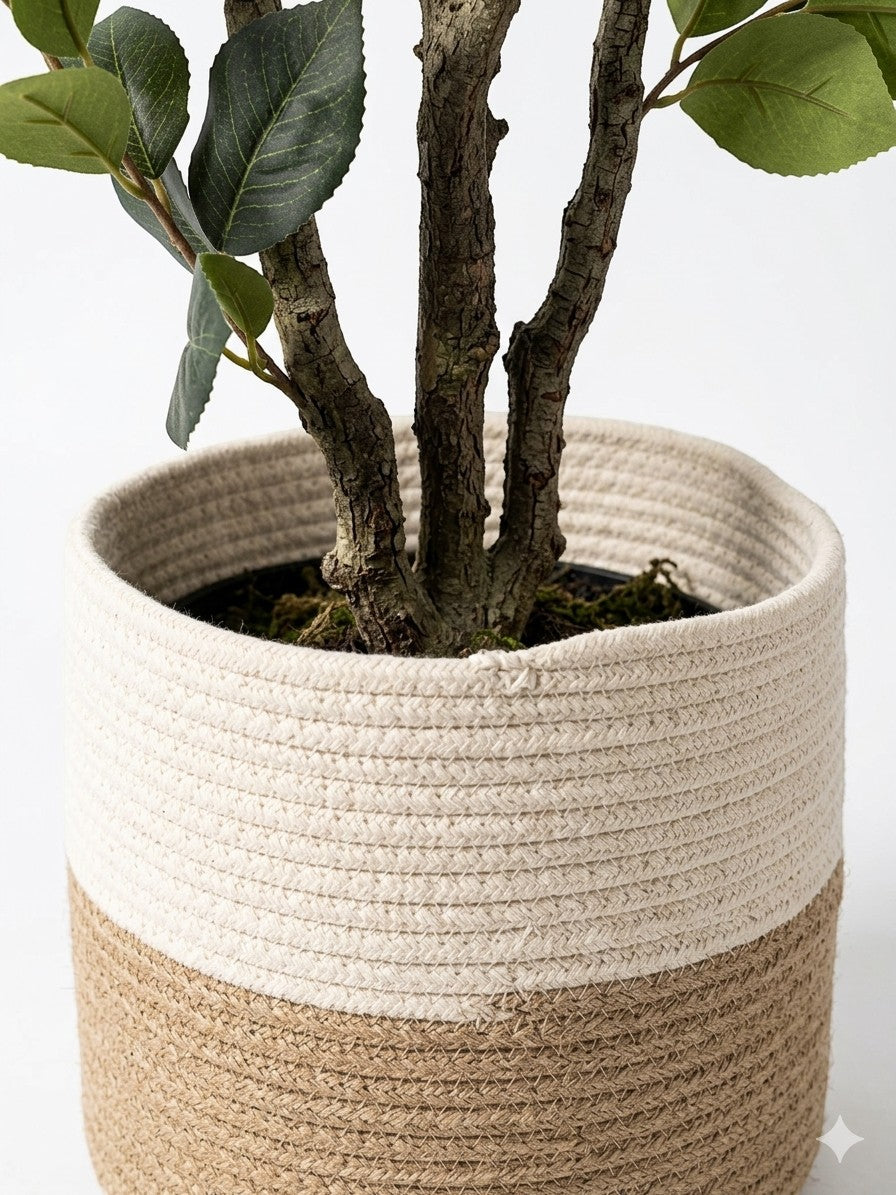 Wadi Home Tall Faux Camellia Tree with white blooms and green leaves in a two-toned woven planter.