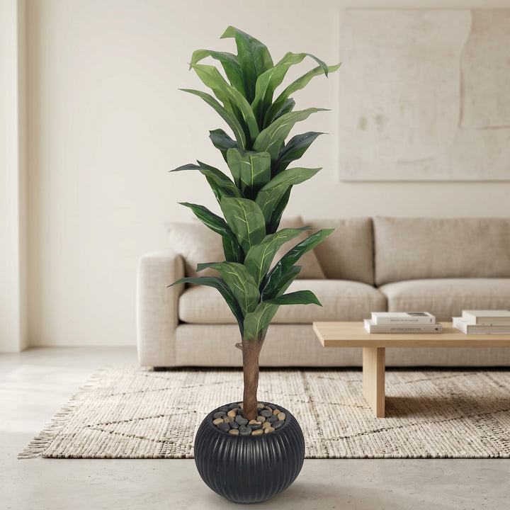 Wadi Home Tall Fiddle Leaf Fig Tree in black ribbed planter with stone fill. Realistic artificial plant with large green leaves.