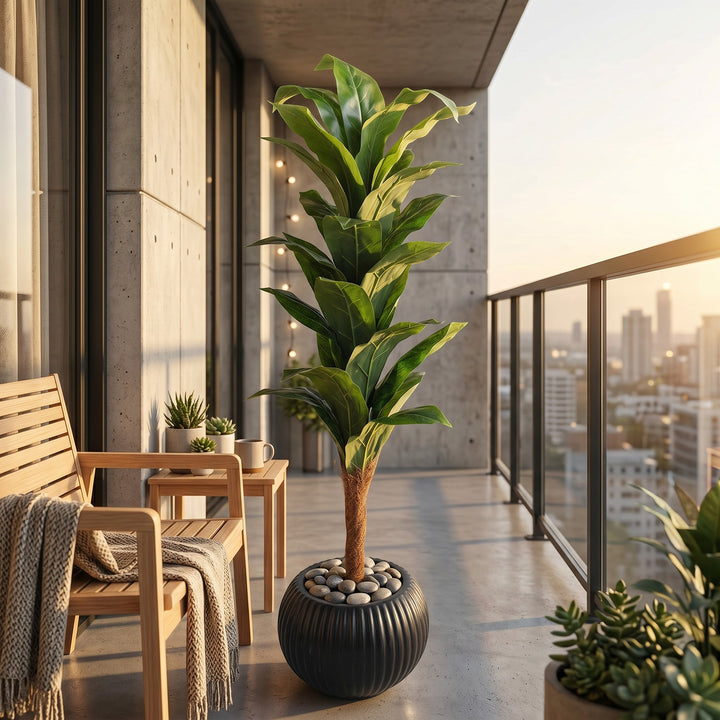 Wadi Home Tall Fiddle Leaf Fig Tree in black ribbed planter with stone fill. Realistic artificial plant with large glossy green leaves.