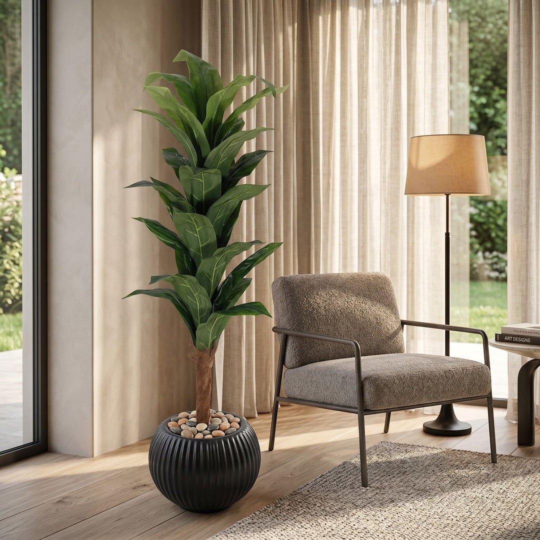 Wadi Home Tall Fiddle Leaf Fig Tree with large glossy green leaves in a black ribbed planter with stone fill.