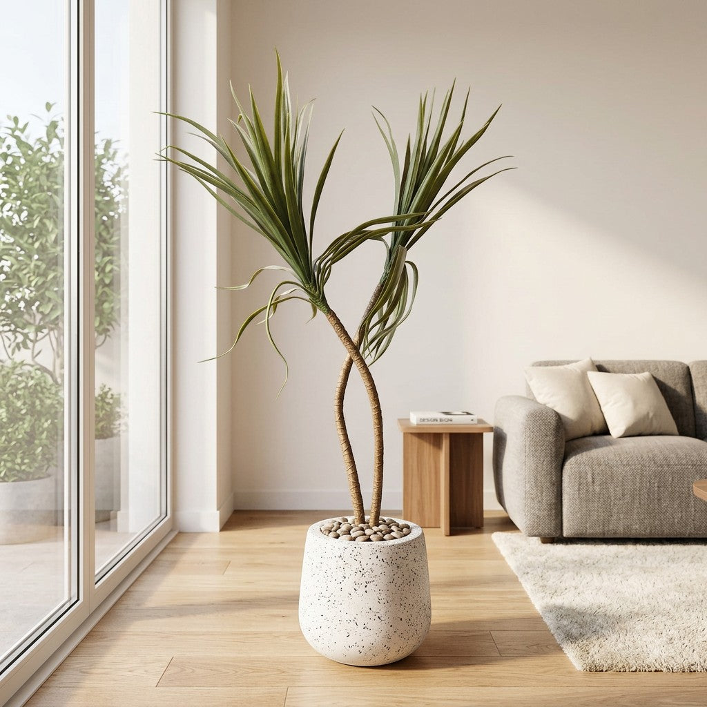 Wadi Home tall artificial plant with twisted stems in a textured white pot with pebbles, 120cm.