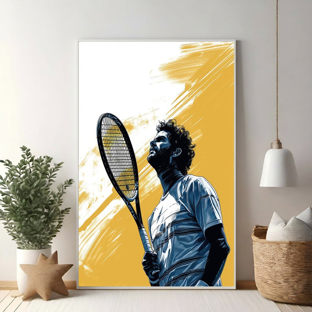 Wadi Home artwork of a tennis player with racket, blue and yellow graphic style, capturing intensity and focus.
