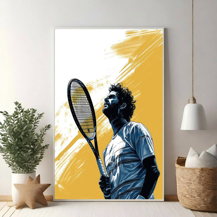 Wadi Home artwork of a tennis player with racket, blue and yellow graphic style, capturing intensity and focus.