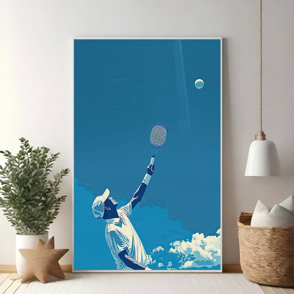 Wadi Home tennis player serving artwork in graphic style, blue and white palette, against a sky background.