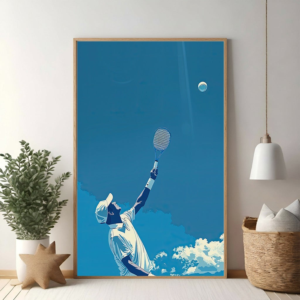 Wadi Home tennis player serving artwork in graphic style, blue sky and clouds, minimalist color palette.