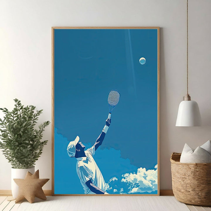 Wadi Home tennis player serving artwork in graphic style, blue sky and clouds, minimalist color palette.