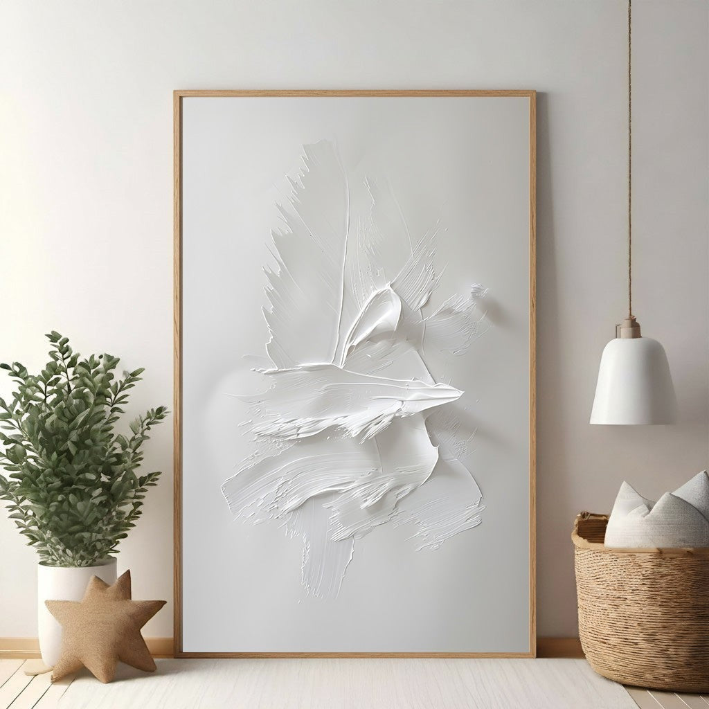 Wadi Home textured abstract wall art with bold white brushstrokes in a natural wood frame.