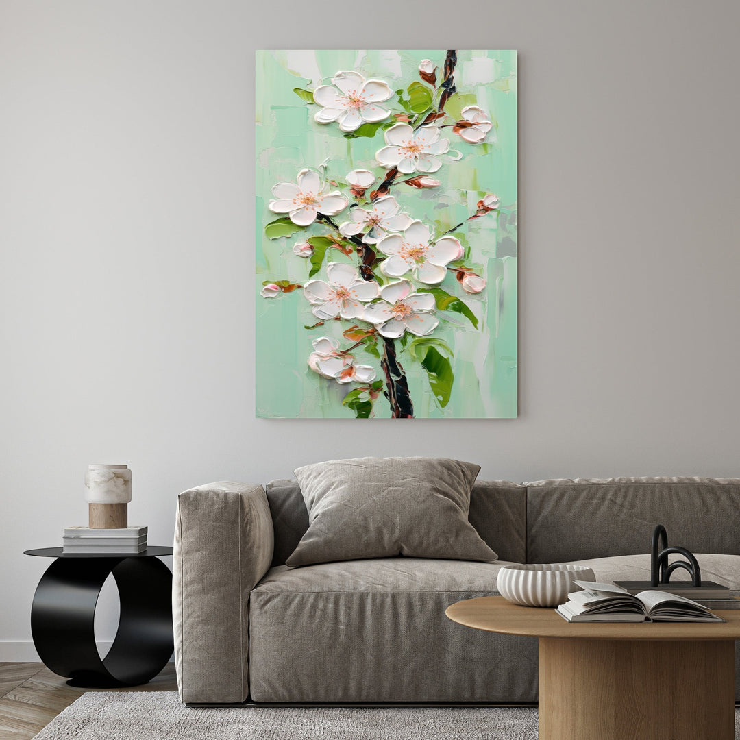 Wadi Home textured cherry blossom branch wall art with impasto white flowers and green leaves on pastel background.