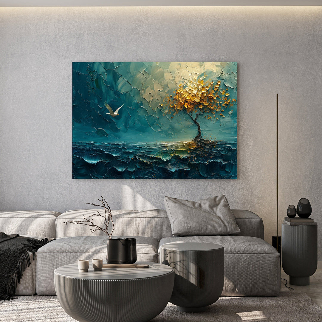 Wadi Home textured landscape wall art featuring a moody teal seascape and a golden tree in a modern living room.