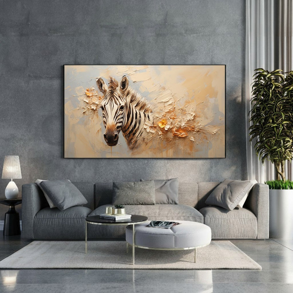 Wadi Home textured zebra portrait wall art with impasto textures in cream, beige, orange, black, and white.