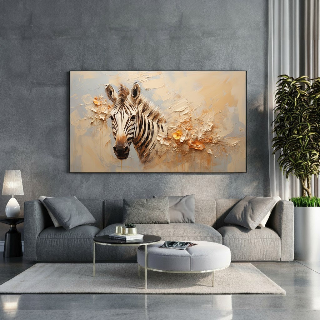 Wadi Home textured zebra portrait wall art with impasto textures in cream, beige, orange, black, and white.