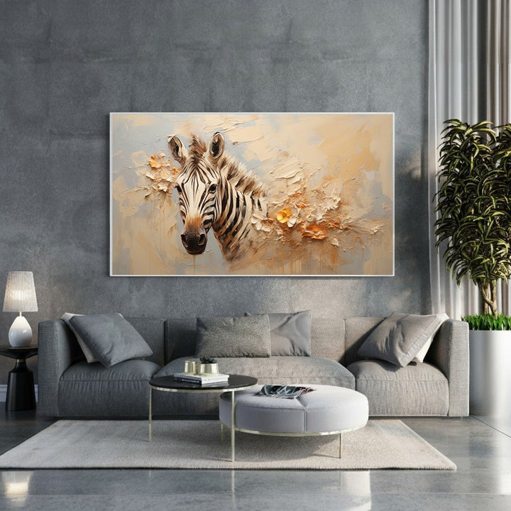 Wadi Home textured zebra portrait wall art with impasto texture, featuring a close-up of a zebra's face in cream, beige, orange, black, and white.