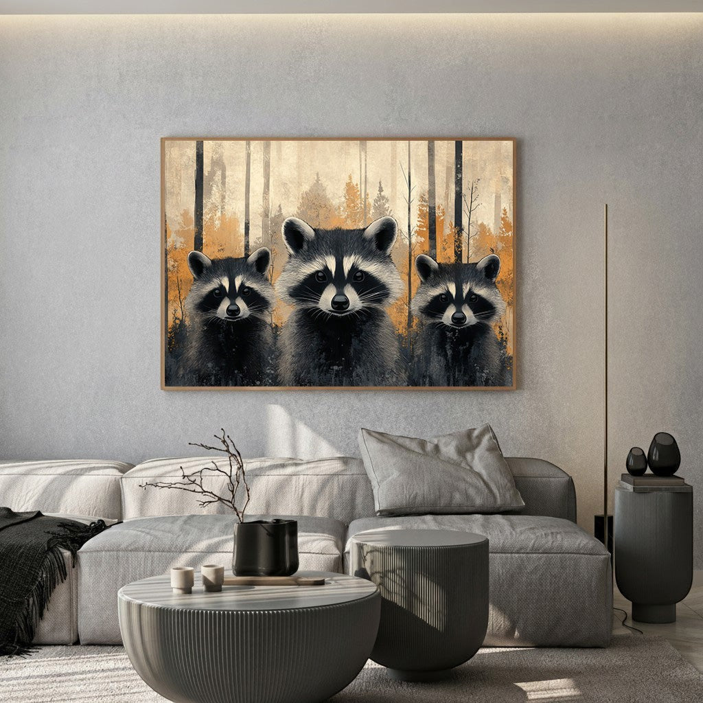 Wadi Home: Three raccoons in a textured, painterly forest scene with warm, earthy tones. Whimsical wall art.