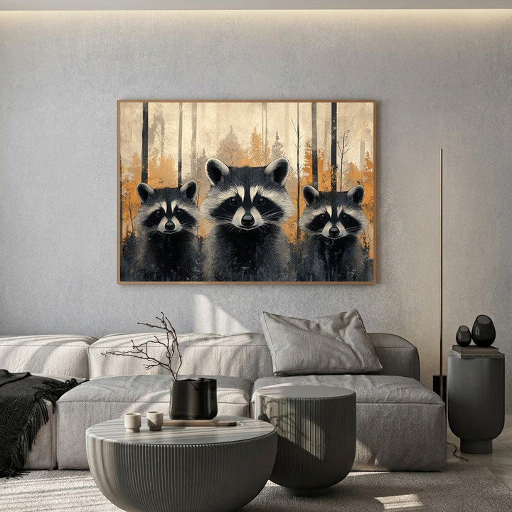 Wadi Home: Three raccoons in a textured, painterly forest scene with warm, earthy tones. Whimsical wall art.