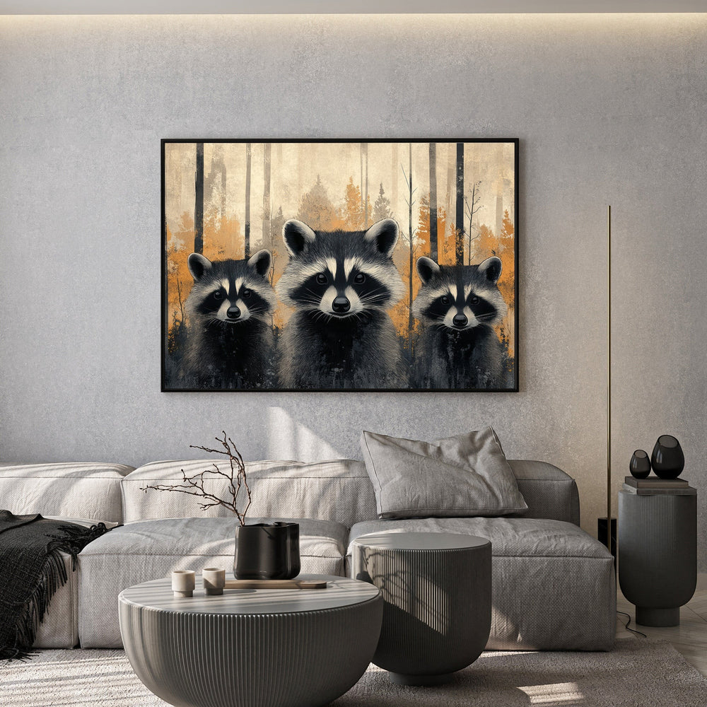 Wadi Home artwork featuring three raccoons in a forest with warm, earthy tones and a painterly style.