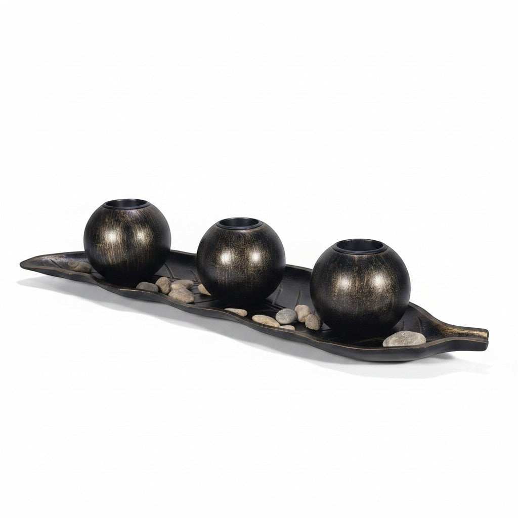 Wadi Home dark metal three sphere candle holder set on leaf tray with stones