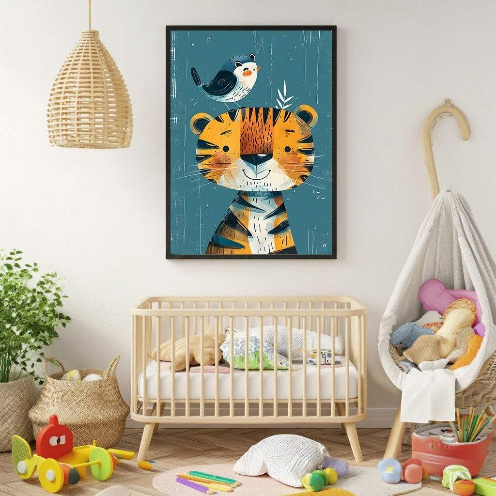 Wadi Home framed nursery art featuring a cute cartoon tiger with a bird on its head, set against a teal background.