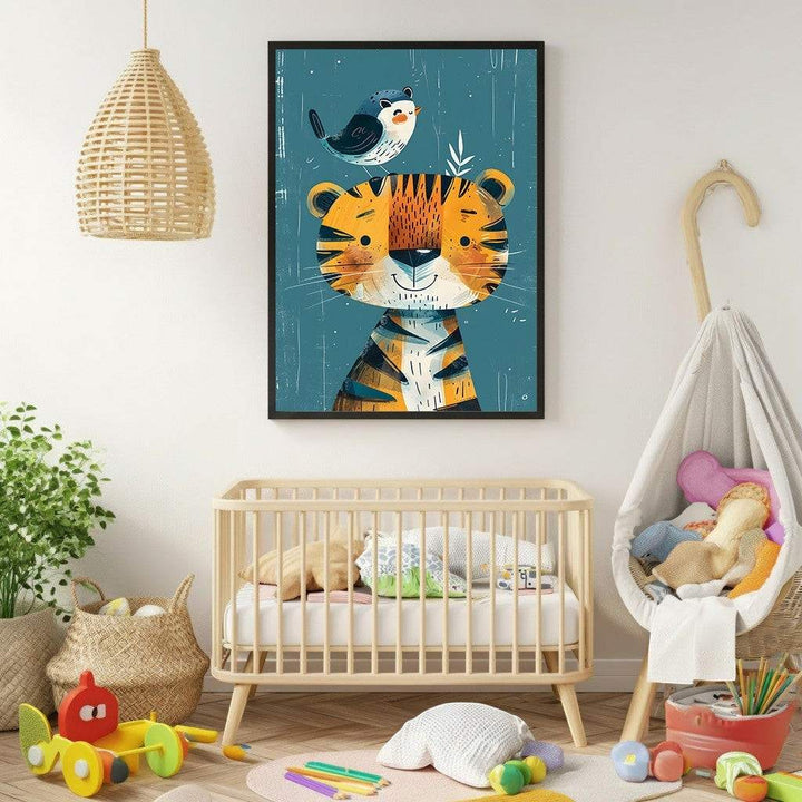 Wadi Home framed nursery art featuring a cute cartoon tiger with a bird on its head, set against a teal background.