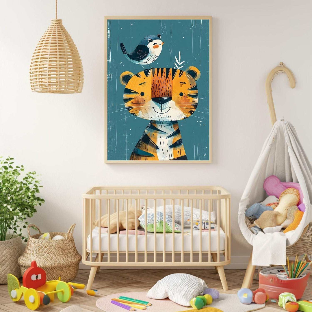 Wadi Home framed nursery wall art featuring a cute cartoon tiger with a bird on its head, teal background.