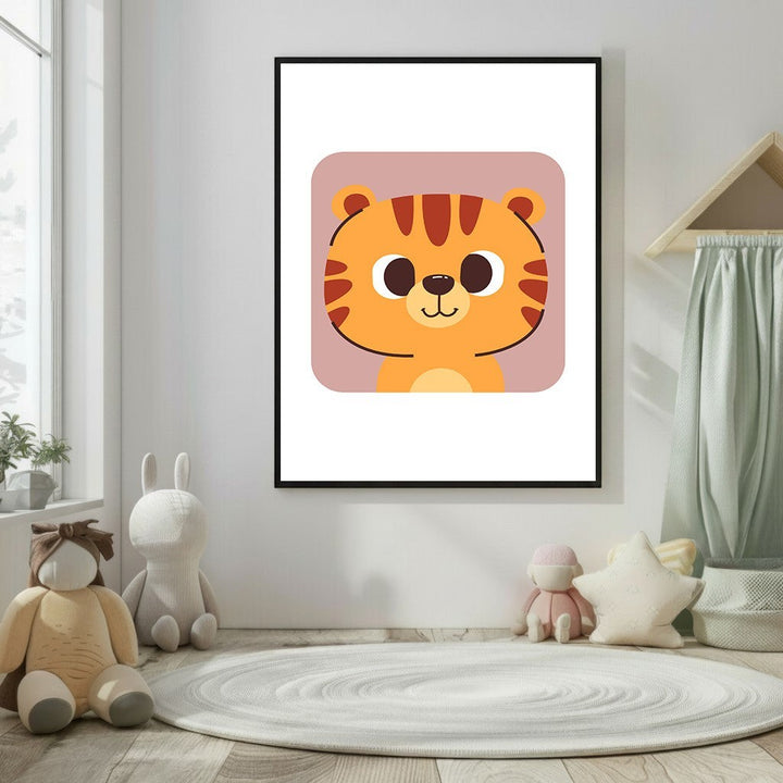 Wadi Home cartoon tiger cub nursery wall art, vibrant orange and brown, perfect for jungle or animal themes.