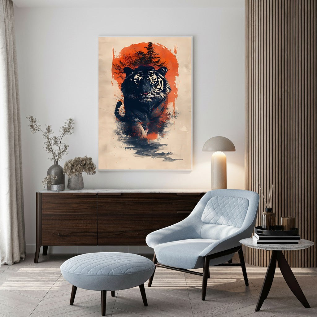 Wadi Home abstract wall art of a tiger emerging from a misty forest against a vibrant orange sunset.