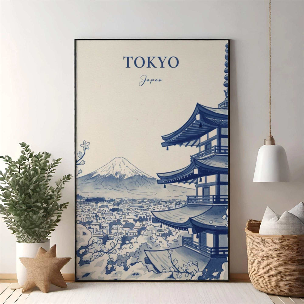 Wadi Home blue and white artwork of Tokyo, Japan, featuring a pagoda and Mount Fuji landscape.