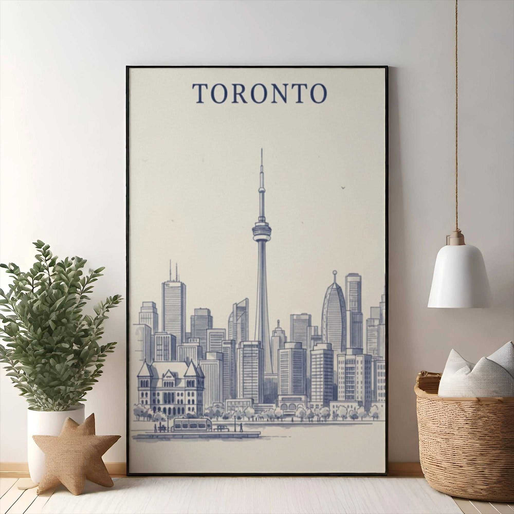 Wadi Home Toronto skyline sketch art print, minimalist blue-line drawing of CN Tower and city landmarks, framed and ready to hang.