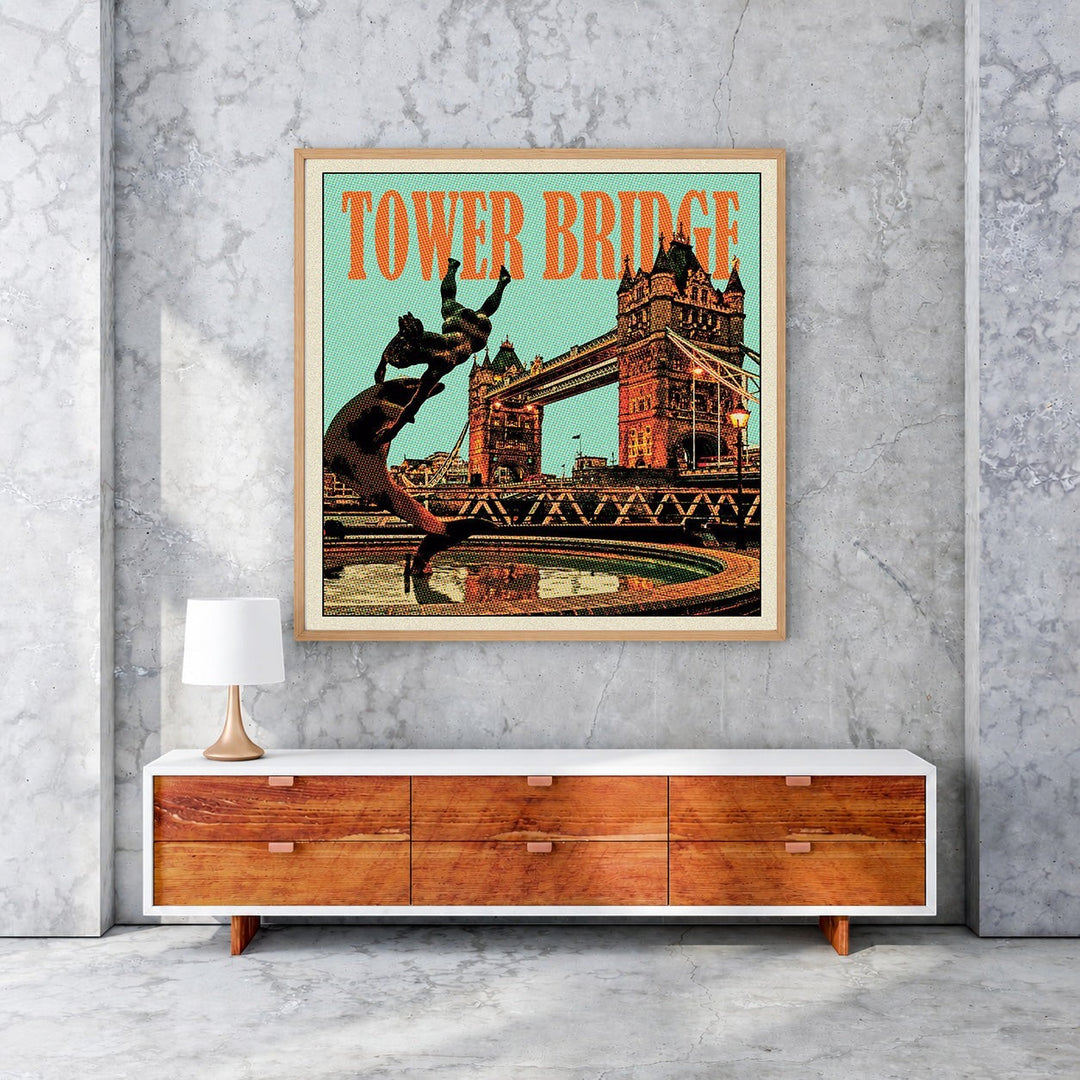 Wadi Home vintage Tower Bridge poster with retro colors and textured finish, depicting the London landmark.